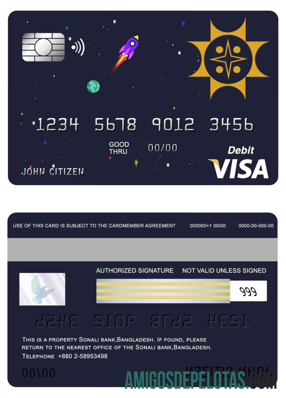 Cartão Visa do Banco Sonali de Bangladesh exemplo real